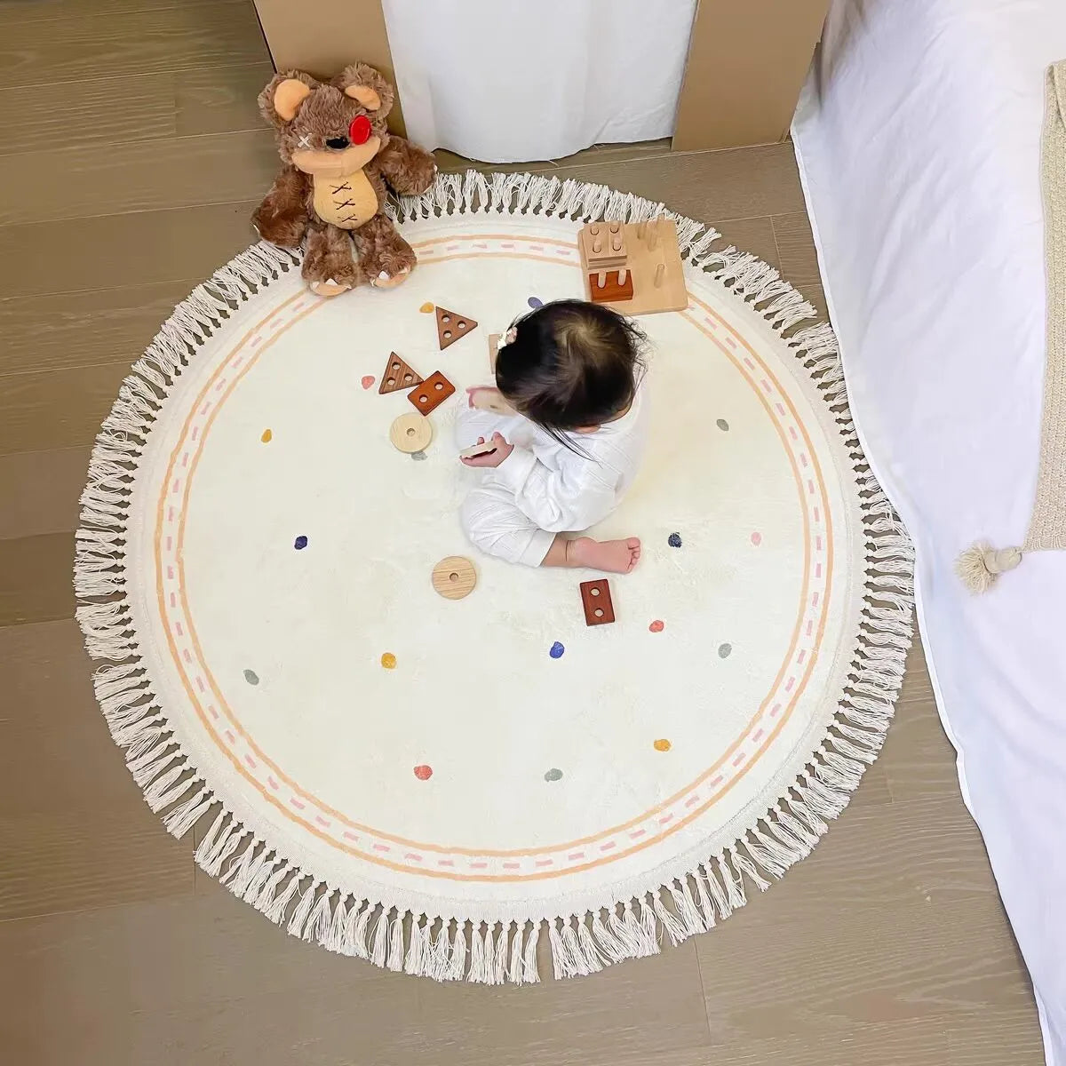 Tapis Rond avec Pois Multicolores avec Franges Tapis 